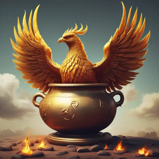 An image of a mythical phoenix emerging from a cauldron, surrounded by gold coins representing Indian rupees