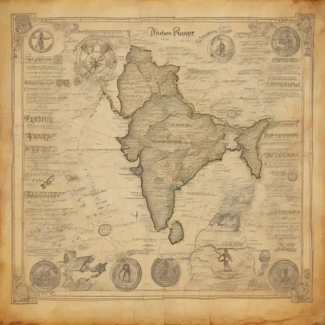 An ancient map adorned with Indian rupee coins representing frequently asked questions