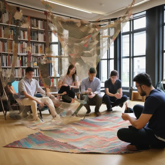 Students from diverse backgrounds working together, creating an intricate tapestry symbolizing the INSEAD MBA experience
