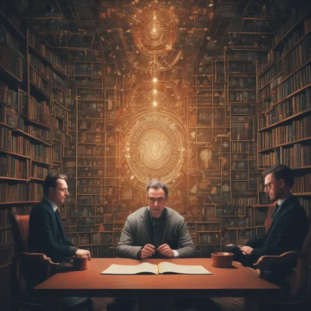 A scholarly figure meticulously weaving a tapestry, surrounded by books and guided by wise professors representing INSEAD