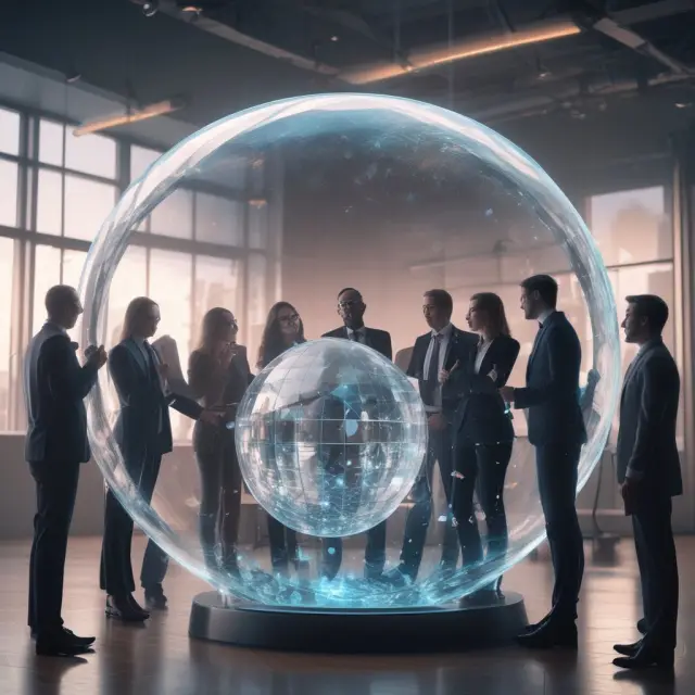 Collaborative inside sales team utilizing technology to optimize customer interactions, visible in a crystal ball