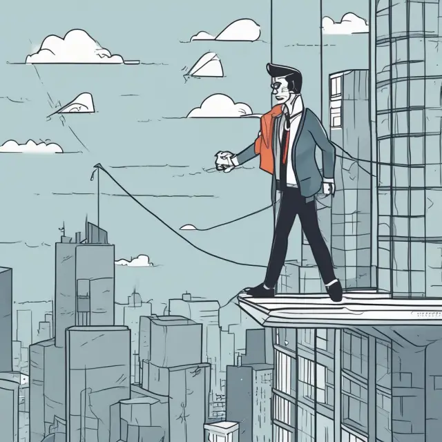A salesperson on a tightrope represents the challenge of balancing cold calling with effective consumer engagement in inside sales