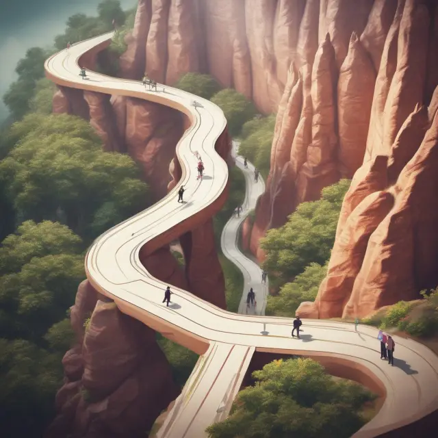 A diverse group of inside sales team members navigating an intricate, winding sales course filled with obstacles, symbolizing the challenges they face and their determination to succeed.