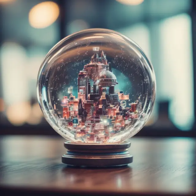 An image of a crystal ball with AI, e-commerce, video conferencing, CRM systems, chatbots, and data visualizations emerging from it.