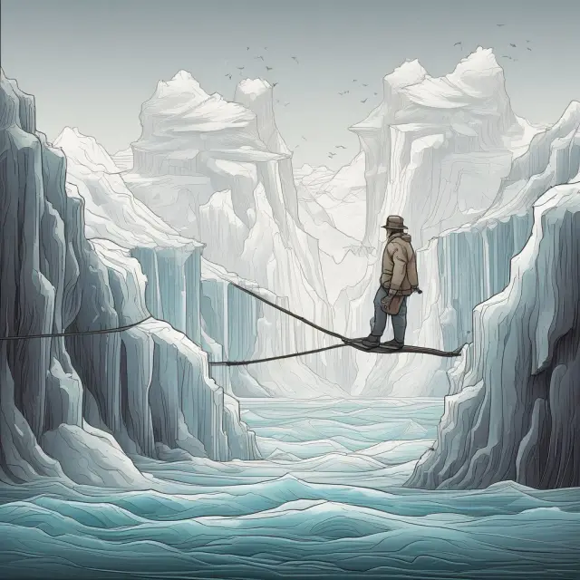 A trader balances on a tightrope above an intraday price chart, with supporting market trends and volume waves. Icebergs symbolize hidden pitfalls in inside day trading.
