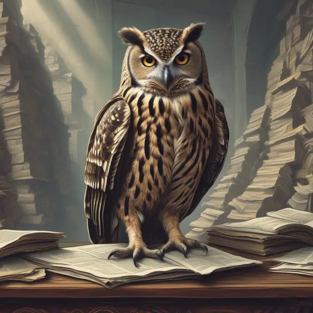 Owl examines secret documents on a guarded trading floor, representing insider trading