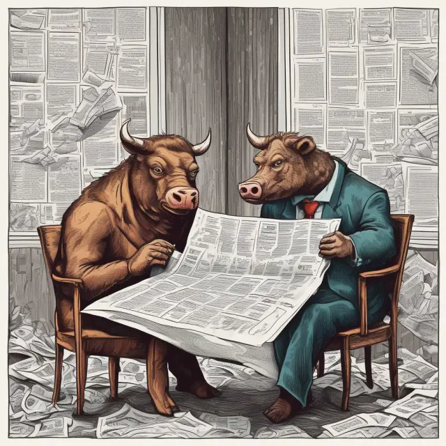 An insider bull and bear exchange secrets as they pore over stock documents while scrolls of financial news unfurl in the background.