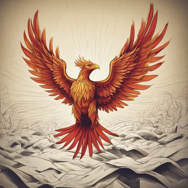 A mythical phoenix emerging from a pile of secretive documents, representing the exposure of insider information