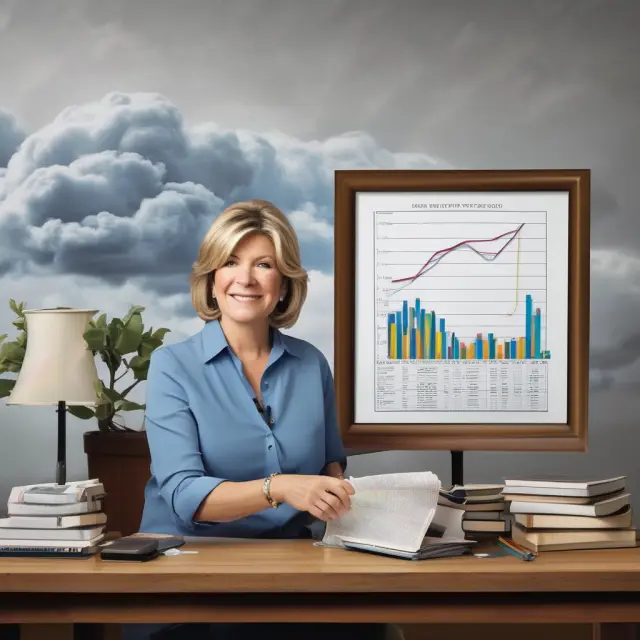Martha Stewart selling stormy clouds above an Amazon earnings chart, representing illegal insider trading