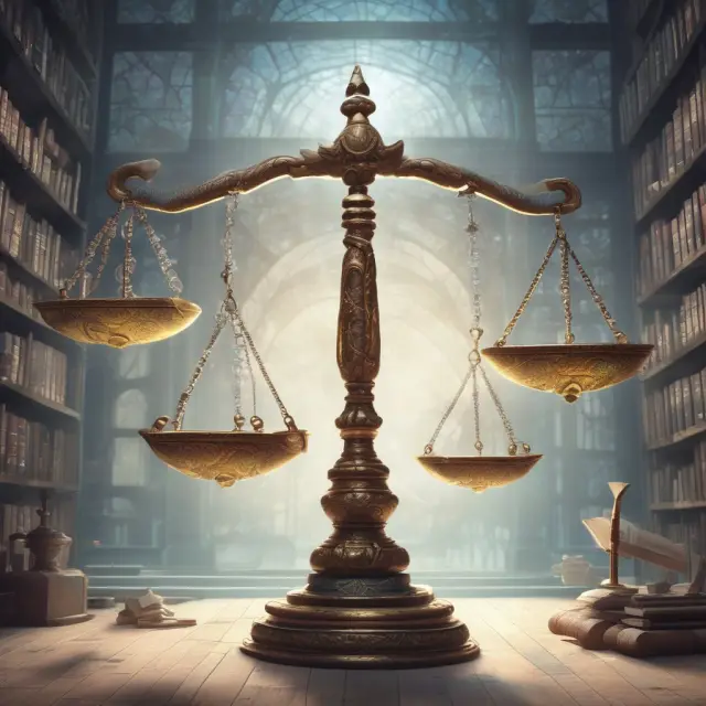 A mythical scale representing the ethical balance of insider trading, with one pan holding a lantern illuminating transparency and the other, knowledge.