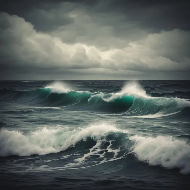 A turbulent sea depicting cash flow (waves) and balance sheet (undertow) insolvency merging.