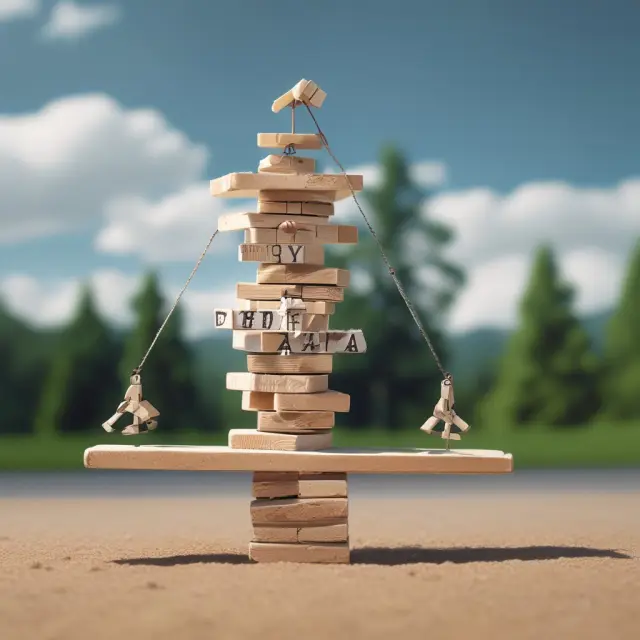 Jenga tower of assets wobbling on a seesaw, representing the delicate balance between financial mismanagement and insolvency.