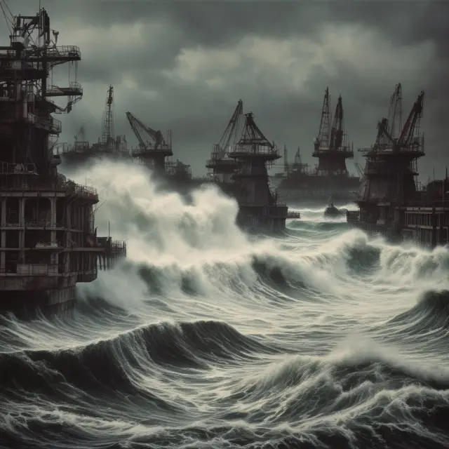 An image featuring a wave of inflation with factories submerged in turbulent waters, symbolizing the challenges economic conditions pose to companies, risking insolvency.
