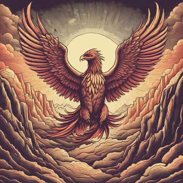 A phoenix arises from a pile of financial debts, representing the resilience and determination to overcome insolvency