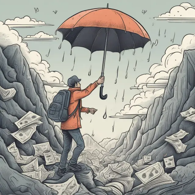 Person ascending mountain of large expenses, shielded by installment debt umbrella