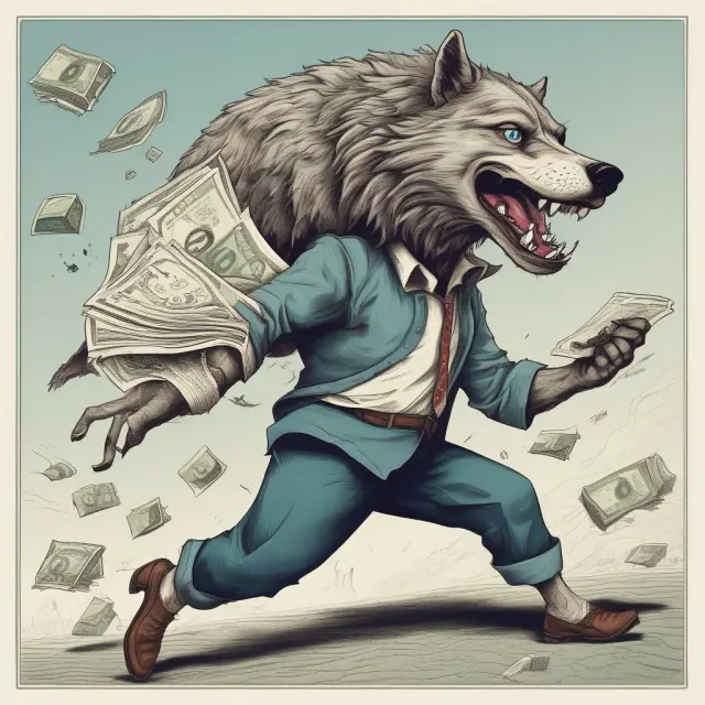 A worried borrower being pursued by a relentless wolf representing high interest rates, with a stack of installment debt bills in the scene
