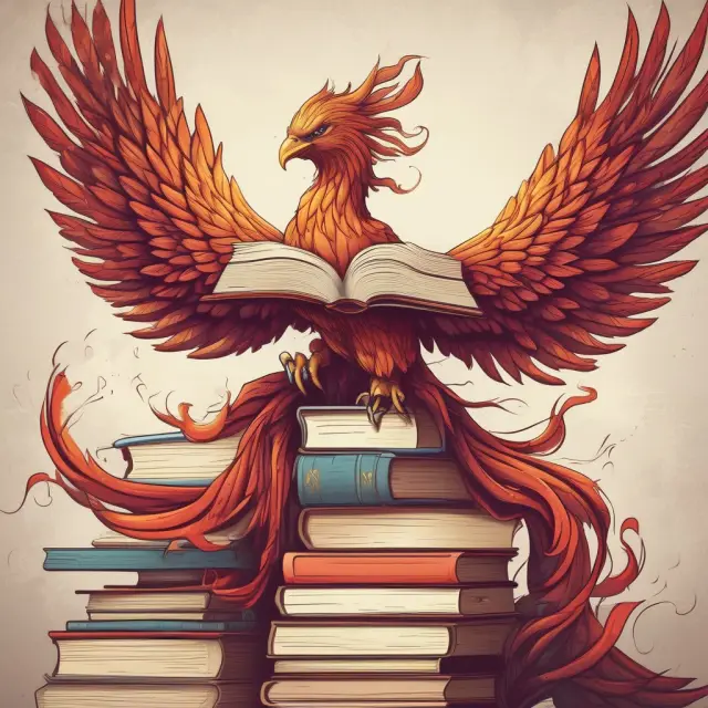 Image of a majestic phoenix emerging from a pile of books, representing educational transformation in management accounting and finance.