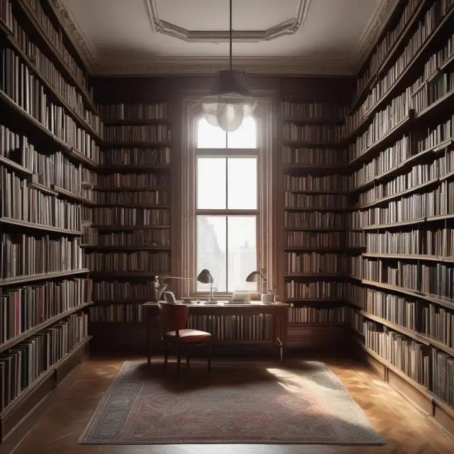An image of a well-stocked library filled with books symbolizing research and publications.