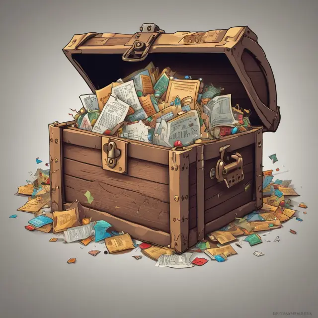 A treasure chest filled with gold coins symbolizing discounts, and books representing professional resources, illustrating the benefits of IMA membership