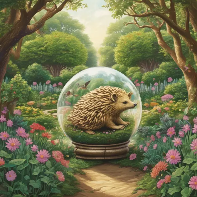 A golden hedgehog safeguards a lush garden filled with diverse assets while holding a crystal ball to predict market conditions.