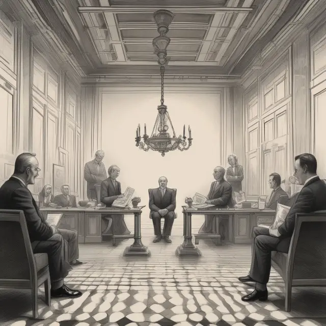 An institutional investor in a suit stands atop a see-saw, holding a scale representing fiduciary duty, while balancing transparency, symbolized by a clear mirror, to maintain client trust.