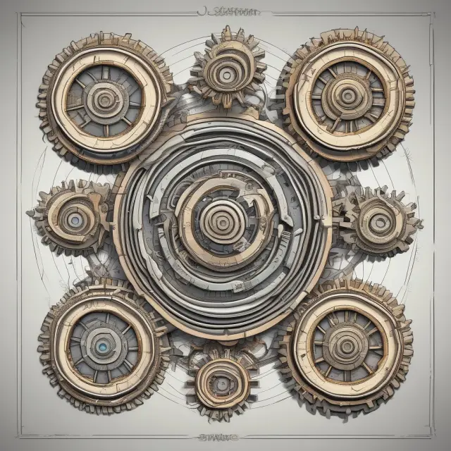 Four gears symbolizing futures, options, swaps, and forwards in a financial derivatives machine. Gears connect and interact to represent their integral role in the financial system.