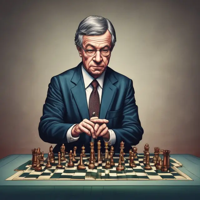 Central bank governor controlling the economy through strategic moves with interest rates (pawns), performance bonds (knights), and pollution taxes (rooks)