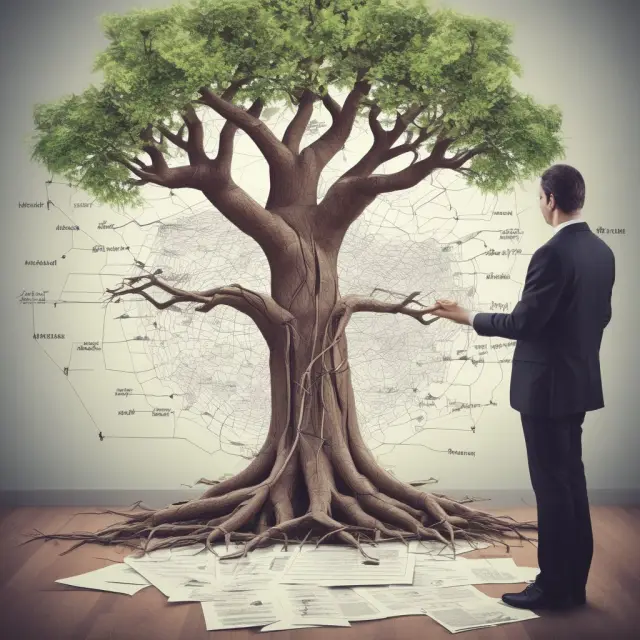 Underwriter examining roots intertwined with stock market graphs - verifying insurable interest.