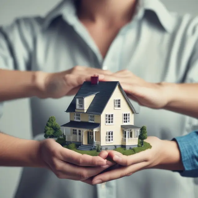 A homeowner and insurer holding hands around a house, illustrating the mutual stake in protecting the property through insurable interest.