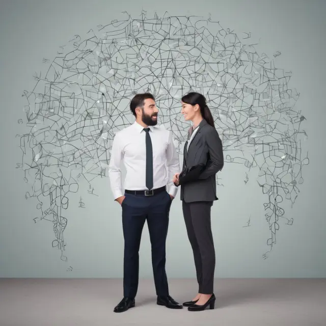Two businessmen holding hands, surrounded by a constellation of interlinked life insurance policies.