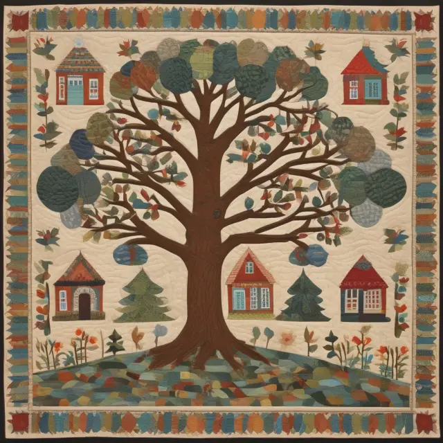Insurance quilt with interwoven auto, house, and tree-of-life policies, representing the combined benefits of bundling insurance coverage.