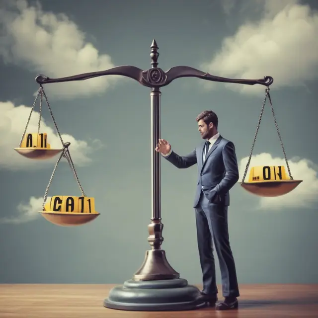 Underwriter poised atop a balance scale, assessing risk and determining premiums for various perils: property & casualty, medical stop-loss