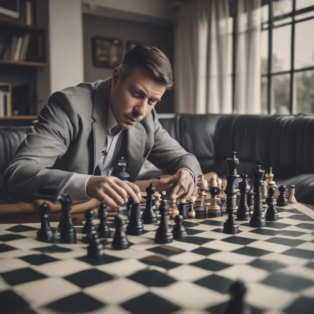 An insurance underwriter contemplating risk factors at a chessboard, symbolizing the balance between potential losses and calculated premiums.