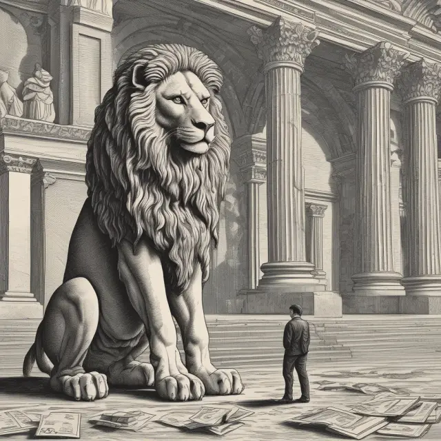 Lion assessing business loan applications, representing commercial banking underwriting and risk management.
