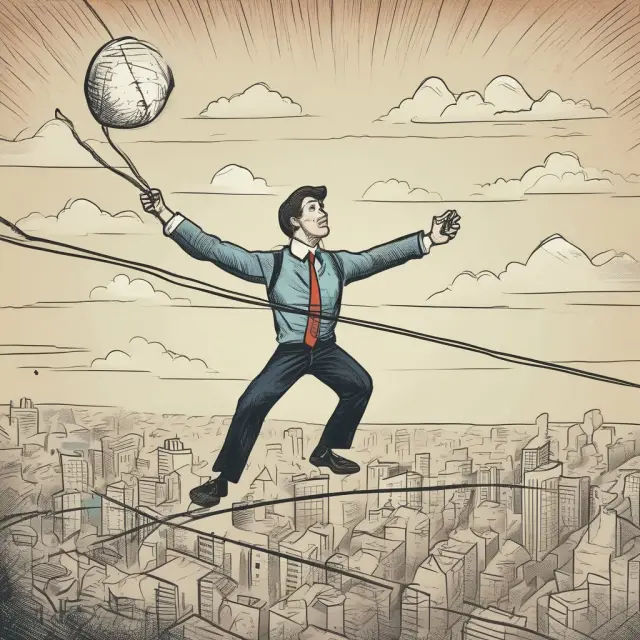 An underwriter balancing on a tightrope while juggling insurance policies symbolizing the delicate balance of accepting risks for profits and ensuring financial security.