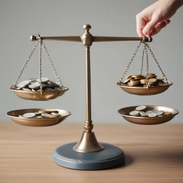 A person holds a balance scale with premiums, deductibles, and coverage limits depicted as gold coins
