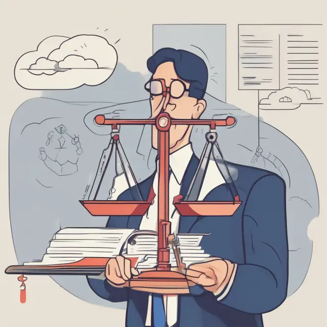 An underwriter assesses individual client risks using balance scales while historical data flows around them, determining fair premiums for various policies