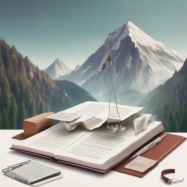 An insurance policy book balanced on a scale with various documents and a person, representing the claims process and disputes resolution