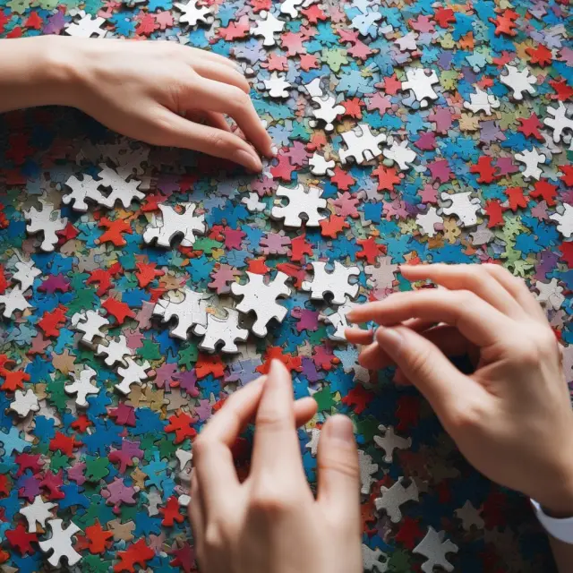 Person filing insurance claim by inserting a puzzle piece into a larger mosaic representing the claim process