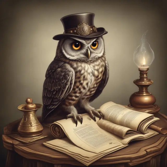 An owl wisely examining insurance policies with a top hat and hourglass, emphasizing the importance of knowledgeable consultation before filing a claim.