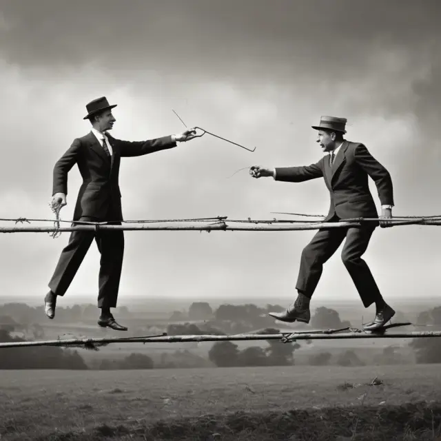 Insurance company and claimant balancing truthful information about an incident on a tightrope, with the insured property in the background