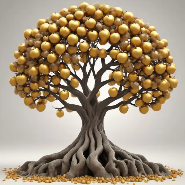 An apple tree laden with gold fruits symbolizing insurtech innovations, entwined with insurance industry roots