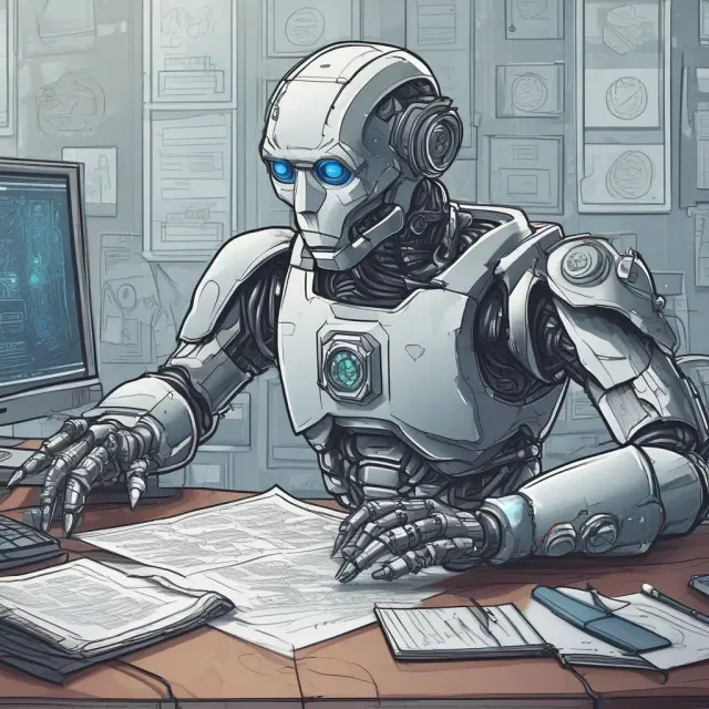 Robot analyzing data on multiple screens to assess risk and generate personalized insurance policies