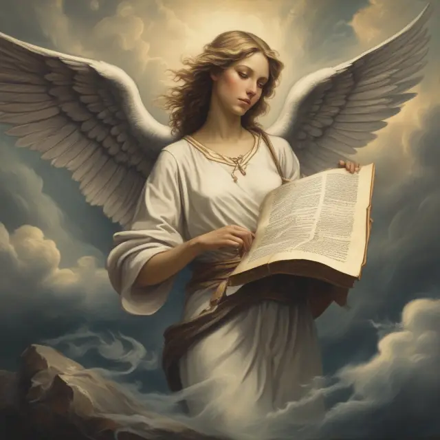 A guardian angel, symbolizing advanced analytics, shields an ancient insurance scroll from turbulent winds, representing the protection and prevention of potential risks through data analysis.