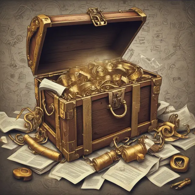 A bursting treasure chest filled with scrolls representing intellectual property, digital keys symbolizing websites and social media pages, and life insurance contracts