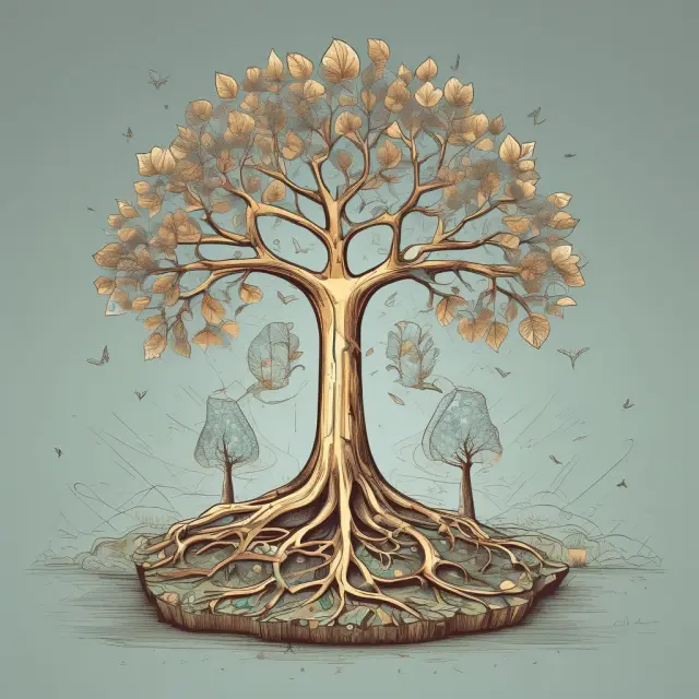 A stylized corporate tree with golden patents as its roots, goodwill represented by a strong trunk, and R&D depicted as vibrant leaves - symbolizing intangible personal property in corporations