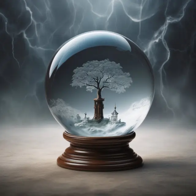 A tempestuous storm brewing over a crystal ball symbolizes the intricacy of intangible assets valuation, with potential wealth hidden within.