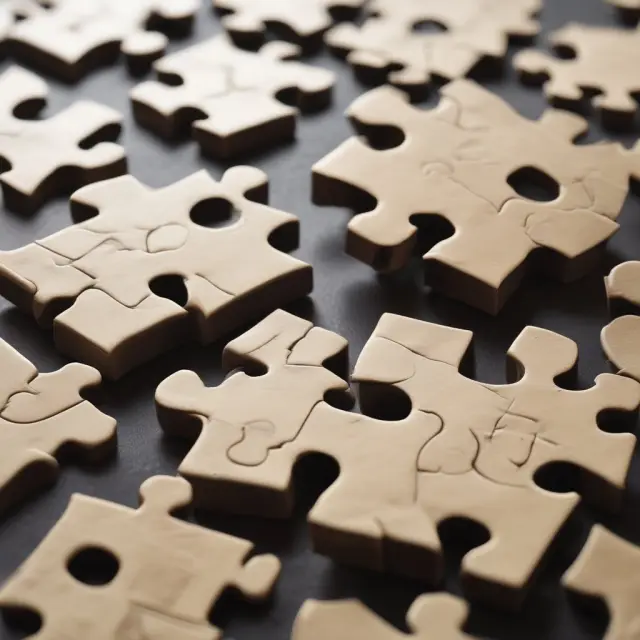 Intangible assets represented as colorful puzzle pieces. A hand reaches out, illustrating the need for expertise to solve the financial mystery.