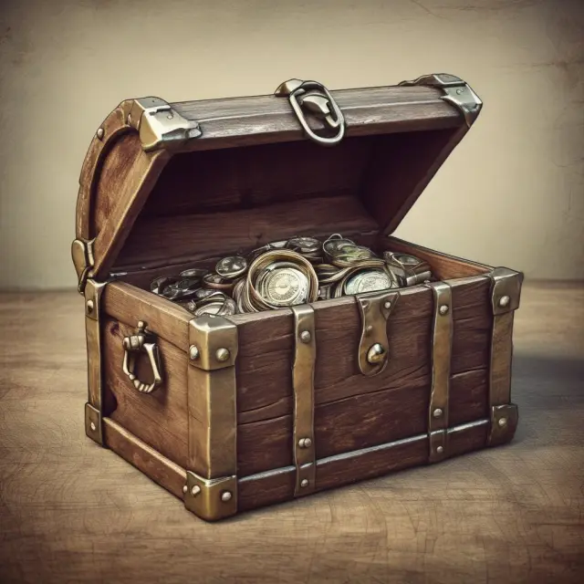 A golden treasure chest overflowing with digital assets, intellectual properties, and personal intangibles