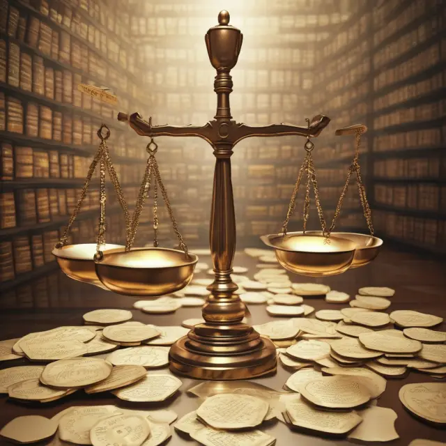 Golden scale balanced with intangible assets (patents, trademarks, copyrights, brand, and goodwill) symbolizing their worth in business.